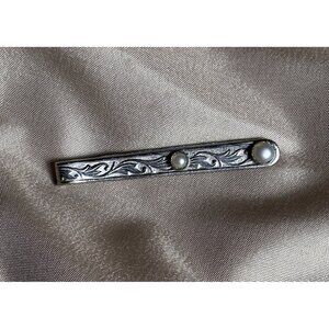 Vintage Silver Tone Tie Bar Floral Motif Pearl Accents Art Nouveau Style B30